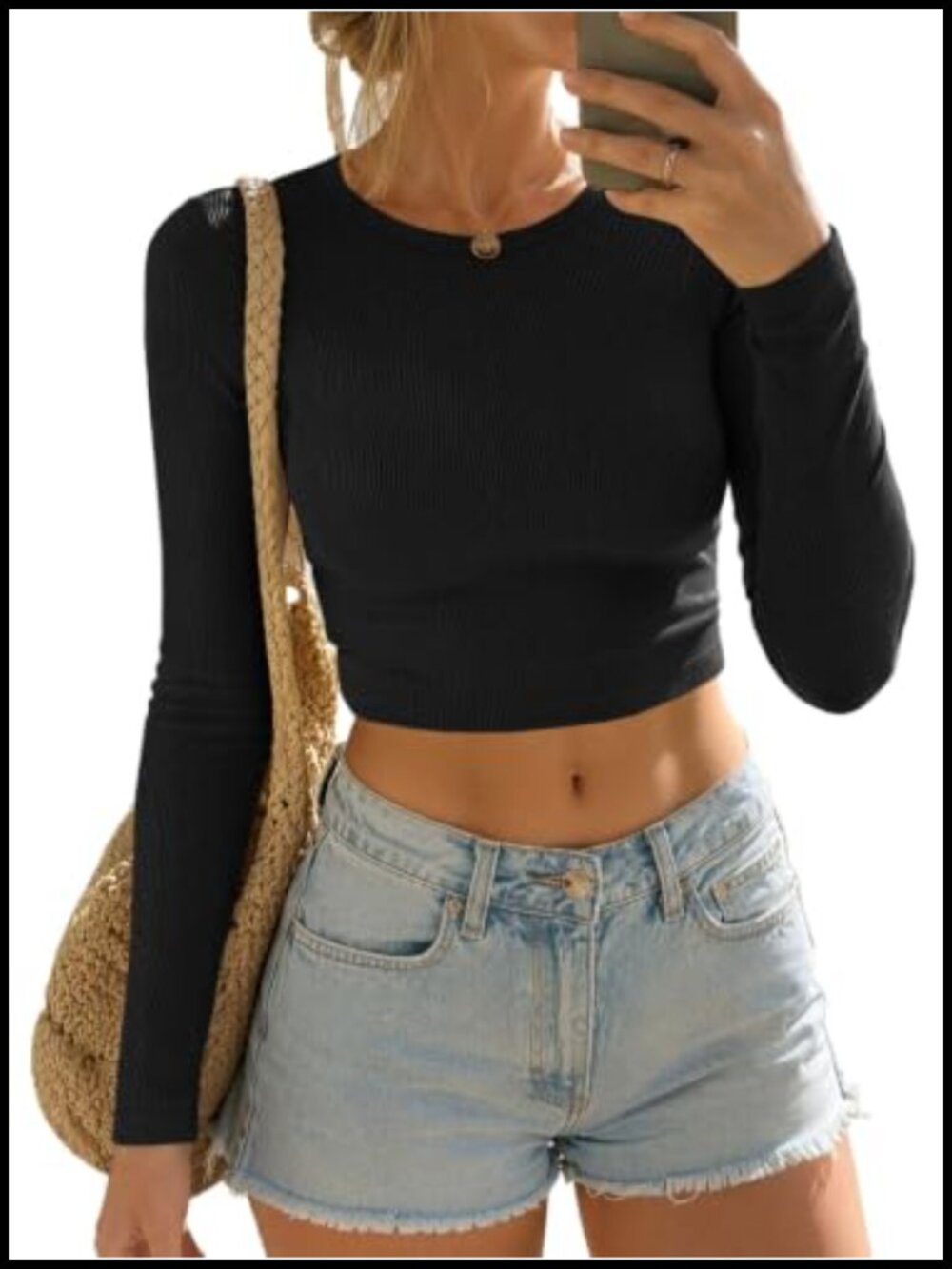 Women's Long Sleeve Cropped T-Shirt Slim Fit Crew Neck
